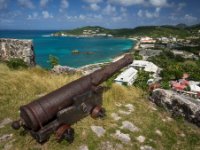 Cannon from Fort Louis facing north into the Baie de La Potence. It almost looks like it might have been the cause of the sunken freighter in the bay. But in reality that wreck has been there since  Hurricane Lenny  in 1999.